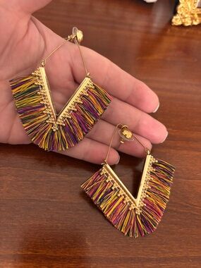 Gold-Tone Multicolor Fringe V-Shaped Hoop Earrings